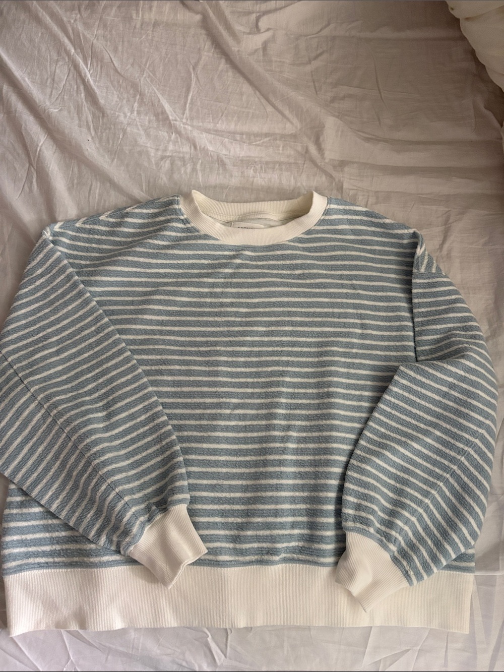 American Eagle Outfitters Light Blue and White Striped Crewneck Sweater